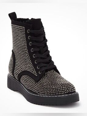 Madden Girl Kurrt-R Black Studded Lace-Up Side Zip Combat Boots Women Size 7.5